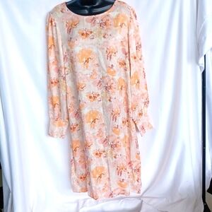 Soyaconcept Eloise Dress Size L Midi Silky Puff Sleeve, Pink/Orange/Cream Floral